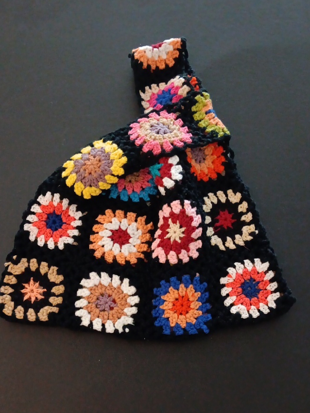 Handmade Crochet Granny Square Wrist Bag - Multicolor on Black